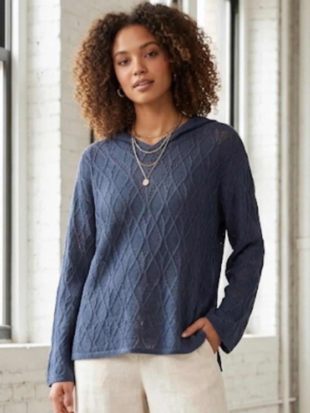 Inhabit Navy Linen Open-Knit Hooded Sweater large